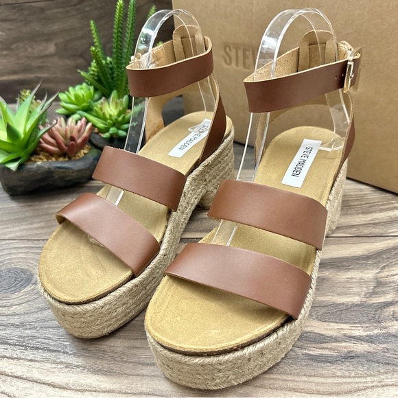 NIB Steve Madden Kelton Espadrille Platform Ankle Strap Sandal Cognac Leather - Picture 4 of 13